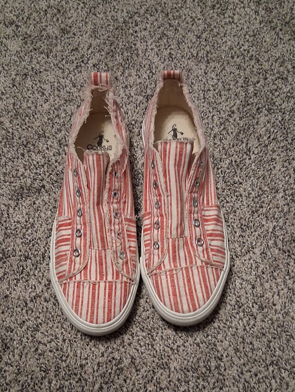 Corkys Womens Red and White Striped Slip-On Sneakers